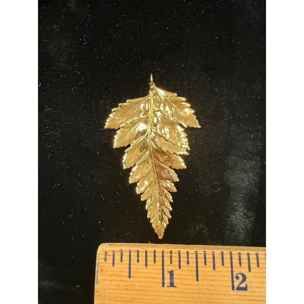 Vintage Gold Tone Fern Leaf Pendant Botanical Statement Jewelry Large 2.5 Inch